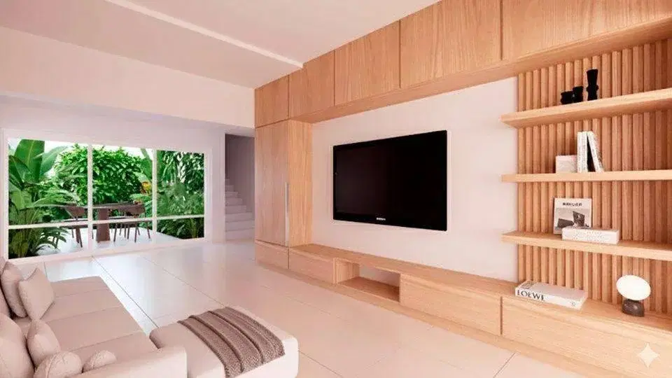 Living con biblioteca de madera y sillones